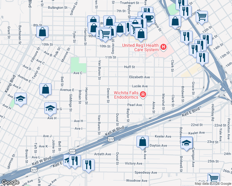 map of restaurants, bars, coffee shops, grocery stores, and more near 1818 Collins Avenue in Wichita Falls
