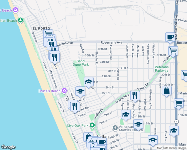 map of restaurants, bars, coffee shops, grocery stores, and more near 591 29th Street in Manhattan Beach