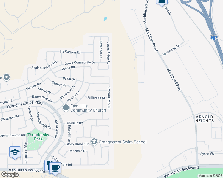 map of restaurants, bars, coffee shops, grocery stores, and more near 8492 Orchard Park Drive in Riverside