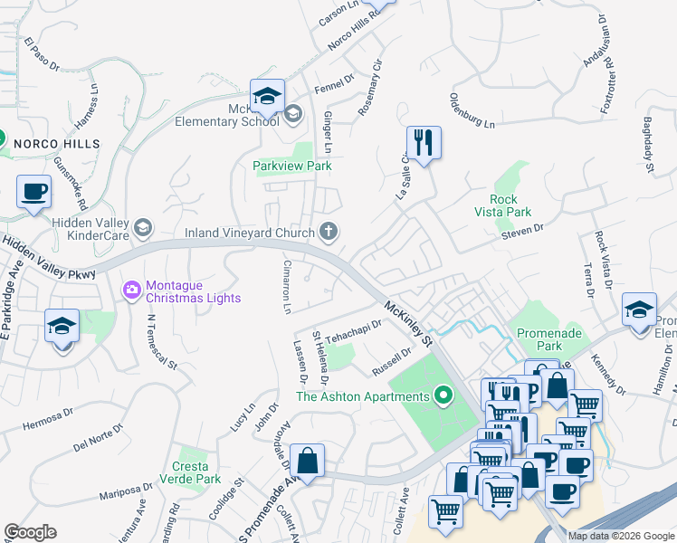 map of restaurants, bars, coffee shops, grocery stores, and more near 2136 Cedar Glen Drive in Corona