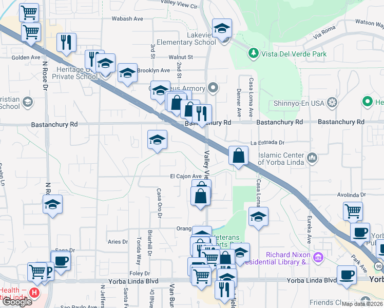 map of restaurants, bars, coffee shops, grocery stores, and more near 17392 Aspenglow Lane in Yorba Linda