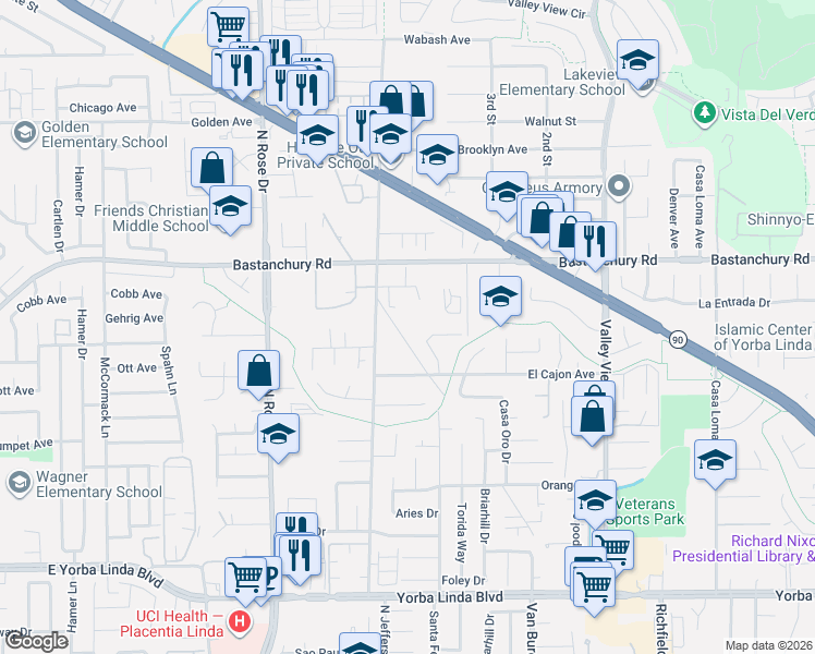 map of restaurants, bars, coffee shops, grocery stores, and more near 4376 Palomino Lane in Yorba Linda