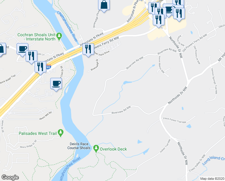 map of restaurants, bars, coffee shops, grocery stores, and more near 5045 Riverview Road Northwest in Atlanta
