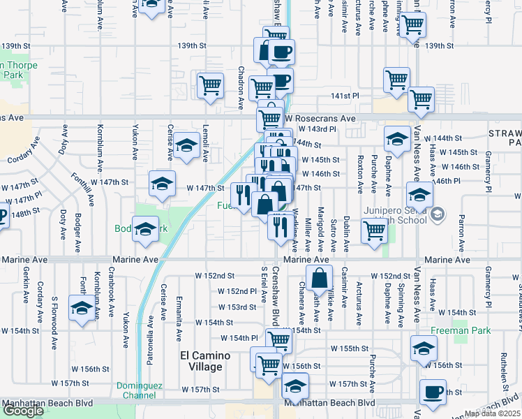 map of restaurants, bars, coffee shops, grocery stores, and more near 11848 Manor Dr in El Camino Village