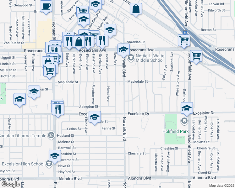 map of restaurants, bars, coffee shops, grocery stores, and more near 14718 Ibex Avenue in Norwalk