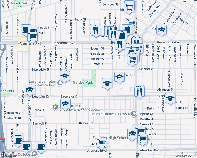 map of restaurants, bars, coffee shops, grocery stores, and more near 11507 Sibley Street in Norwalk