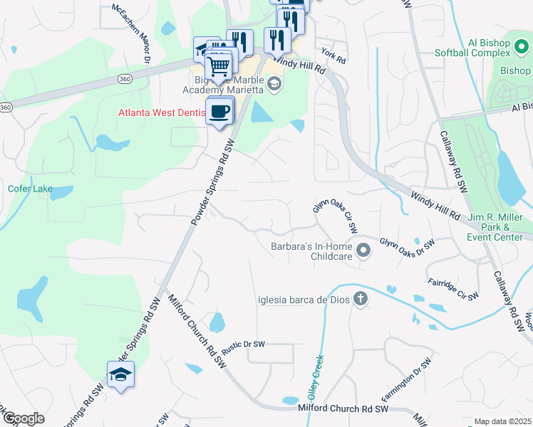 map of restaurants, bars, coffee shops, grocery stores, and more near 2300 Springs Court in Marietta