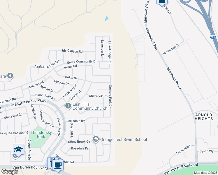 map of restaurants, bars, coffee shops, grocery stores, and more near 20898 Watkins Glen Road in Riverside