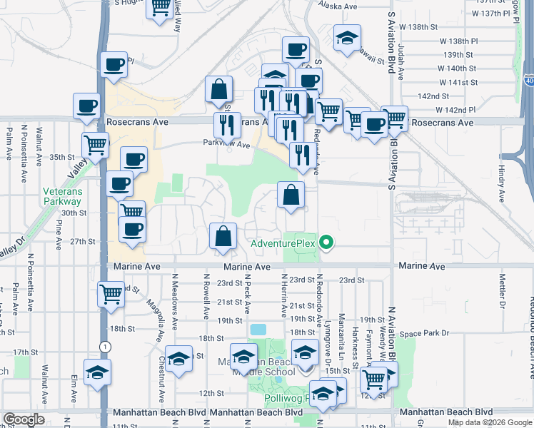 map of restaurants, bars, coffee shops, grocery stores, and more near 25 Marin Court in Manhattan Beach