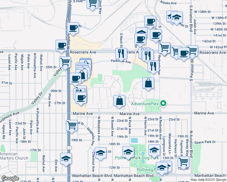 map of restaurants, bars, coffee shops, grocery stores, and more near 23 Catalina Court in Manhattan Beach