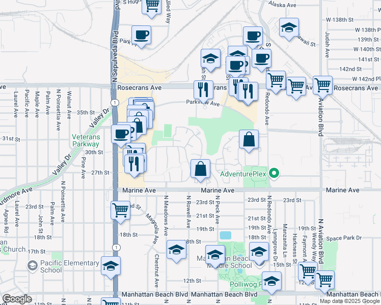 map of restaurants, bars, coffee shops, grocery stores, and more near 23 Catalina Court in Manhattan Beach