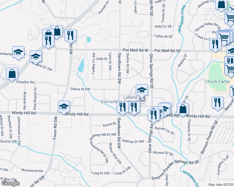 map of restaurants, bars, coffee shops, grocery stores, and more near 2304 Sandtown Road Southwest in Marietta