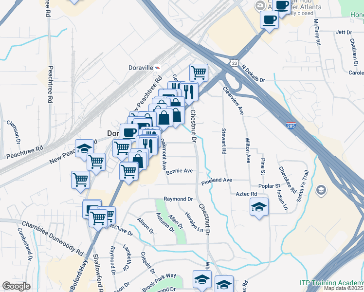 map of restaurants, bars, coffee shops, grocery stores, and more near 2685 Buena Vista Avenue in Doraville