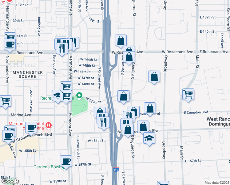 map of restaurants, bars, coffee shops, grocery stores, and more near 14834 Estrella Avenue in Gardena