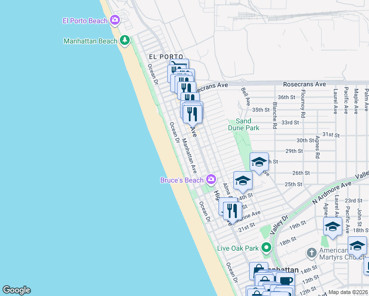 map of restaurants, bars, coffee shops, grocery stores, and more near 3104 Ocean Drive in Manhattan Beach