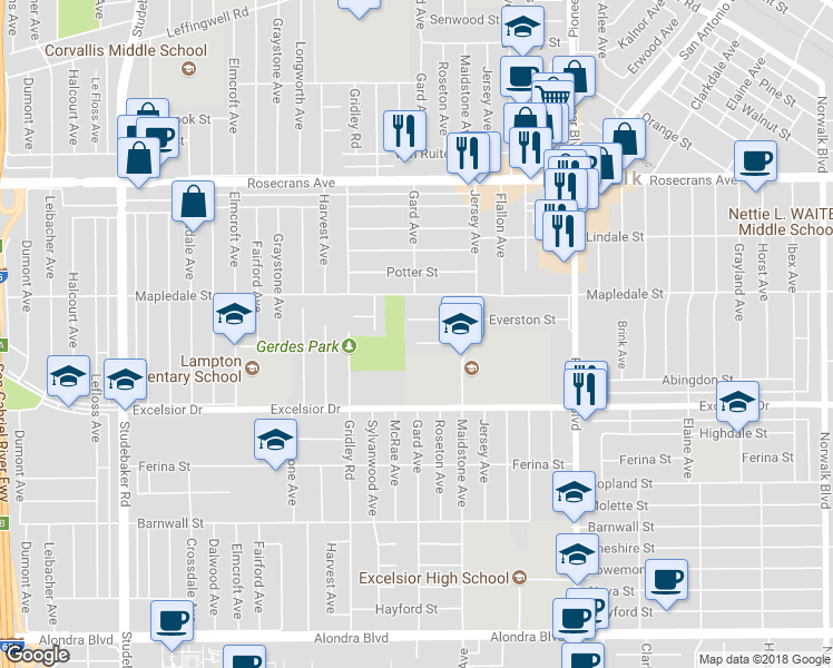 map of restaurants, bars, coffee shops, grocery stores, and more near 11507 Sibley Street in Norwalk