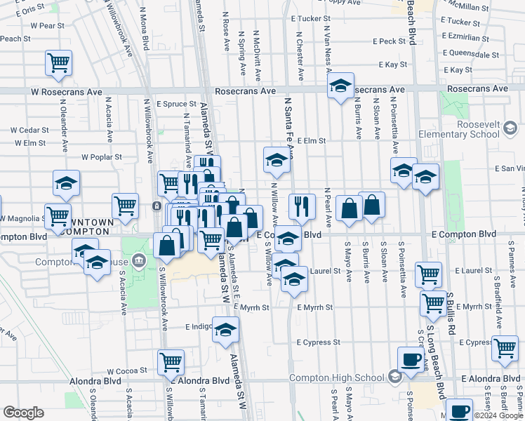 map of restaurants, bars, coffee shops, grocery stores, and more near 204 North Spring Avenue in Compton