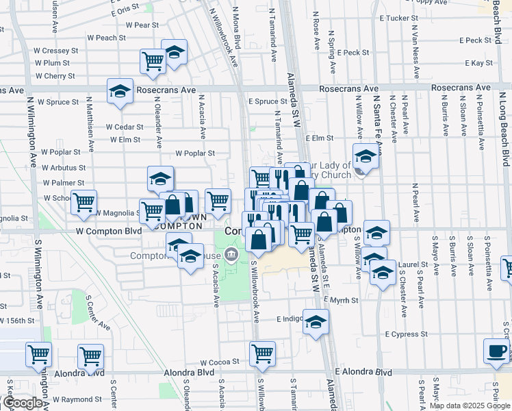 map of restaurants, bars, coffee shops, grocery stores, and more near 310 North Willowbrook Avenue in Compton