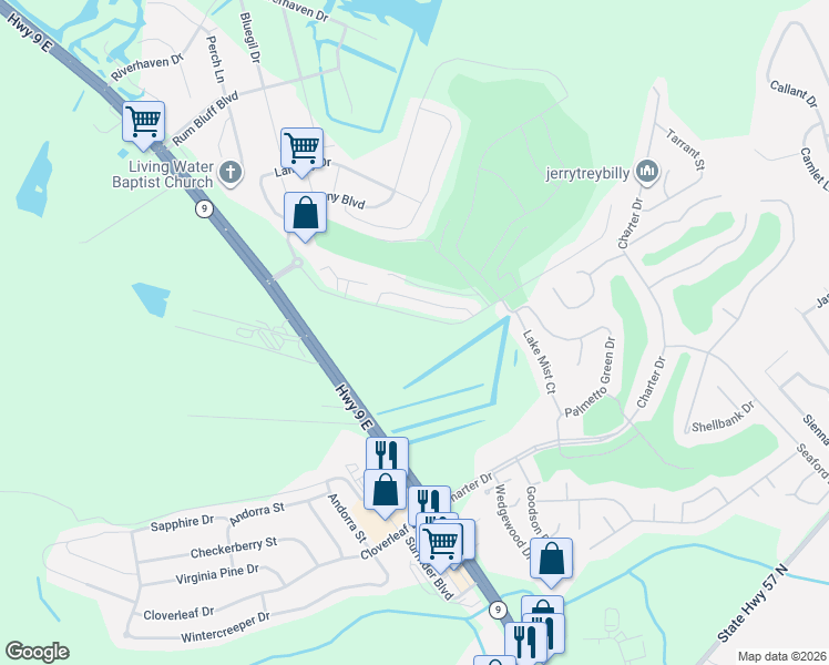 map of restaurants, bars, coffee shops, grocery stores, and more near Sun Colony Boulevard in Little River