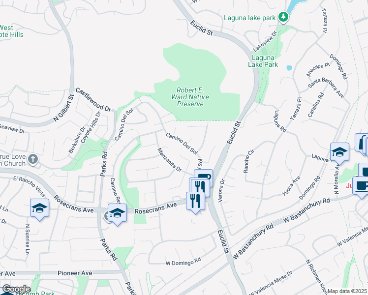 map of restaurants, bars, coffee shops, grocery stores, and more near 2332 Camino Del Sol in Fullerton