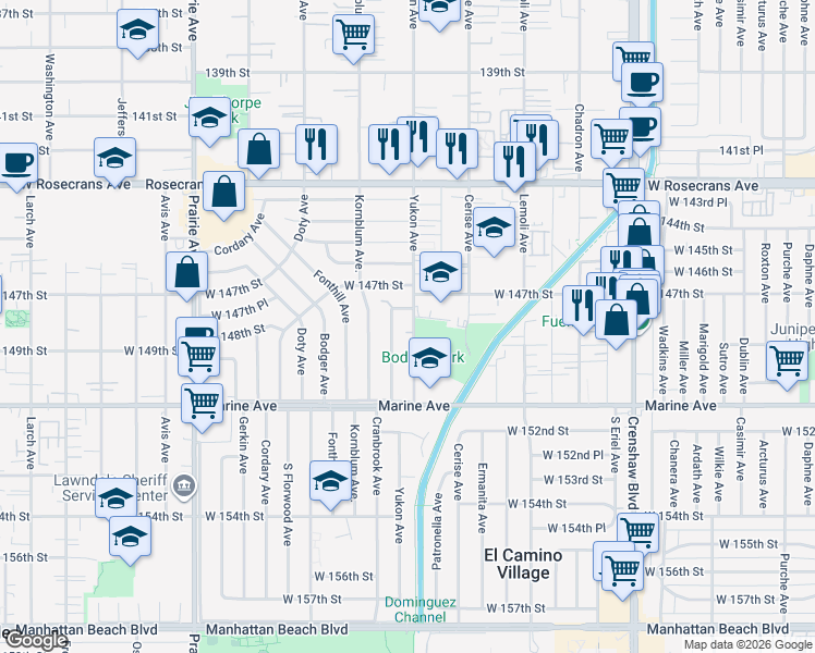 map of restaurants, bars, coffee shops, grocery stores, and more near 14733 Yukon Avenue in Hawthorne