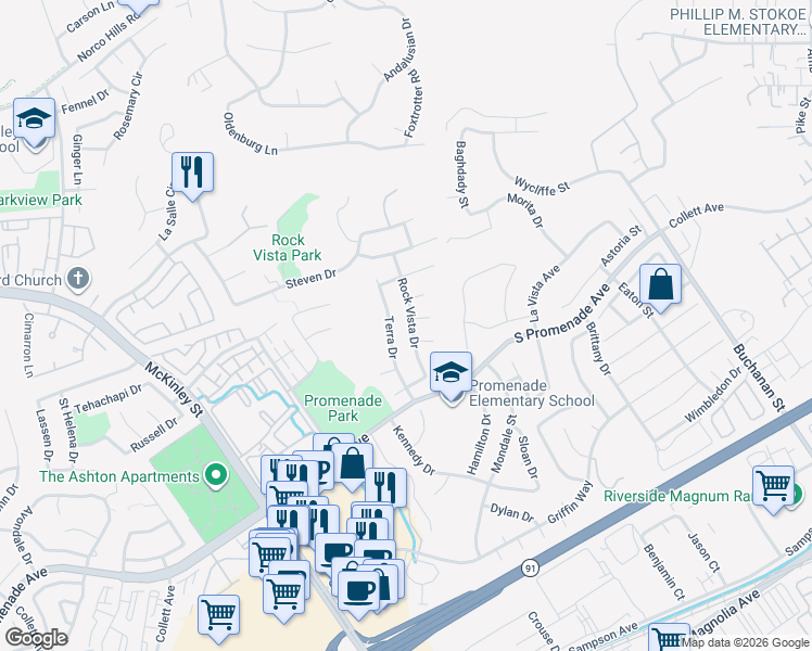 map of restaurants, bars, coffee shops, grocery stores, and more near 2621 Ladera Circle in Corona