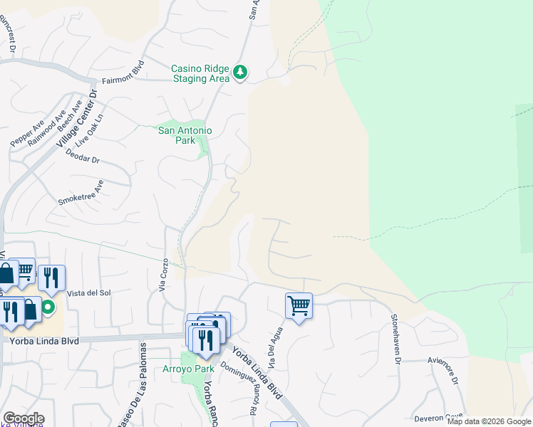 map of restaurants, bars, coffee shops, grocery stores, and more near 21381 Cloud Ridge in Yorba Linda
