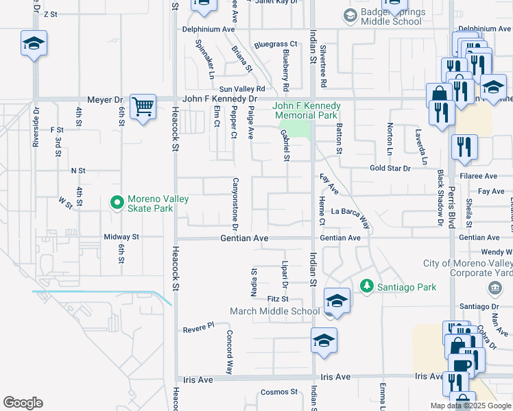 map of restaurants, bars, coffee shops, grocery stores, and more near 24288 Dyna Place in Moreno Valley