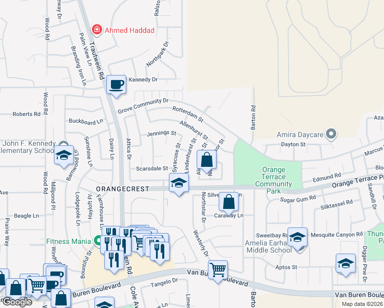 map of restaurants, bars, coffee shops, grocery stores, and more near 8452 Lindenhurst Street in Riverside