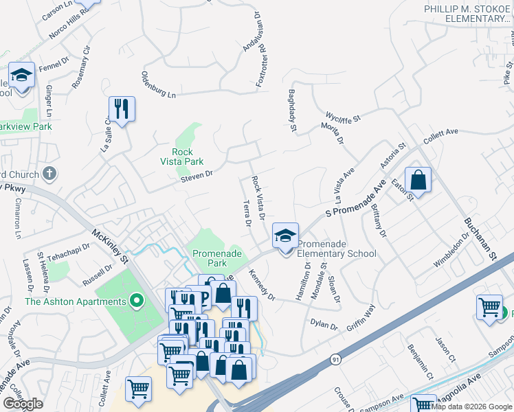 map of restaurants, bars, coffee shops, grocery stores, and more near 650 Rock Vista Drive in Corona