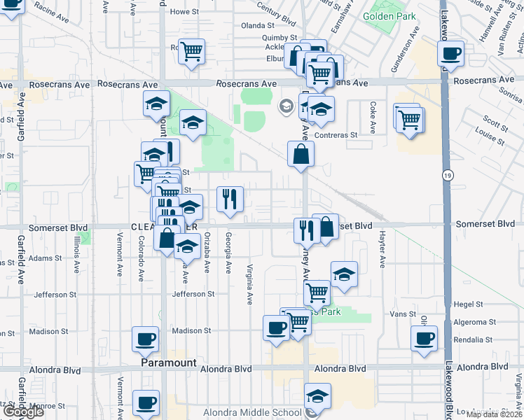 map of restaurants, bars, coffee shops, grocery stores, and more near 15015 Indiana Avenue in Paramount
