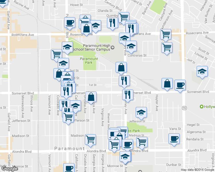 map of restaurants, bars, coffee shops, grocery stores, and more near 15005 Indiana Avenue in Paramount