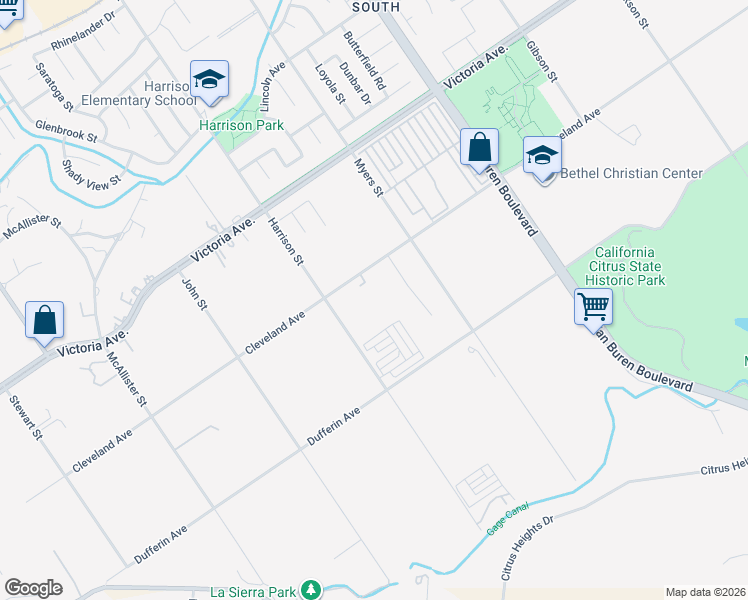 map of restaurants, bars, coffee shops, grocery stores, and more near 9830 Cleveland Avenue in Riverside