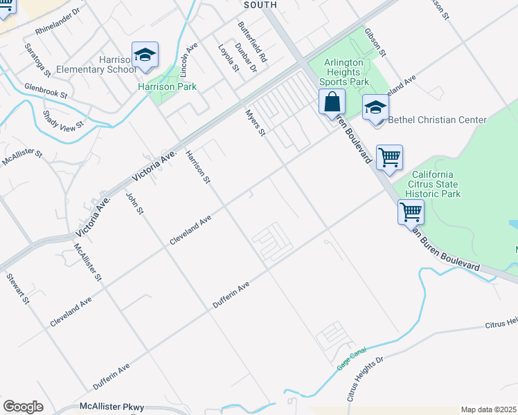 map of restaurants, bars, coffee shops, grocery stores, and more near 9830 Cleveland Avenue in Riverside