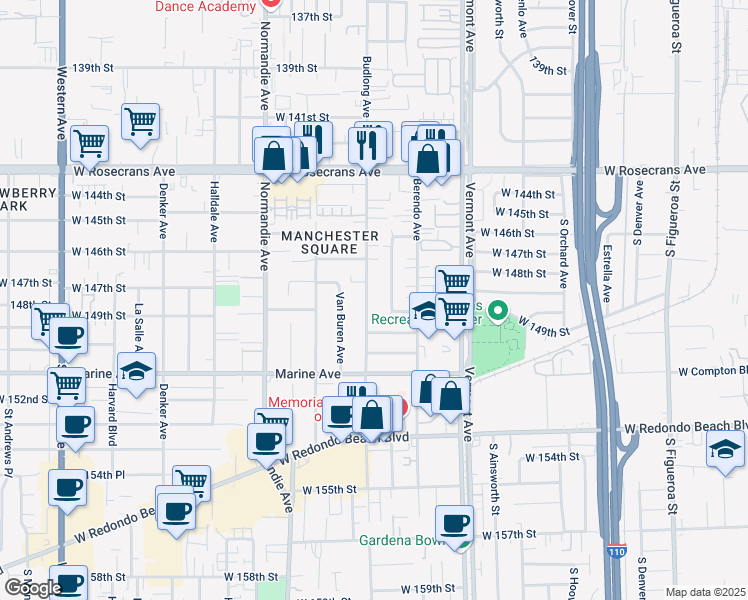 map of restaurants, bars, coffee shops, grocery stores, and more near 14810 Budlong Avenue in Gardena