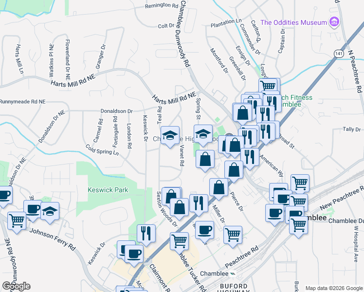 map of restaurants, bars, coffee shops, grocery stores, and more near 3620 Vanet Road in Chamblee