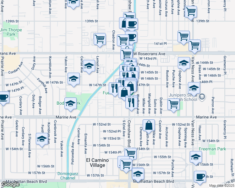 map of restaurants, bars, coffee shops, grocery stores, and more near 14800 Chadron Avenue in Gardena