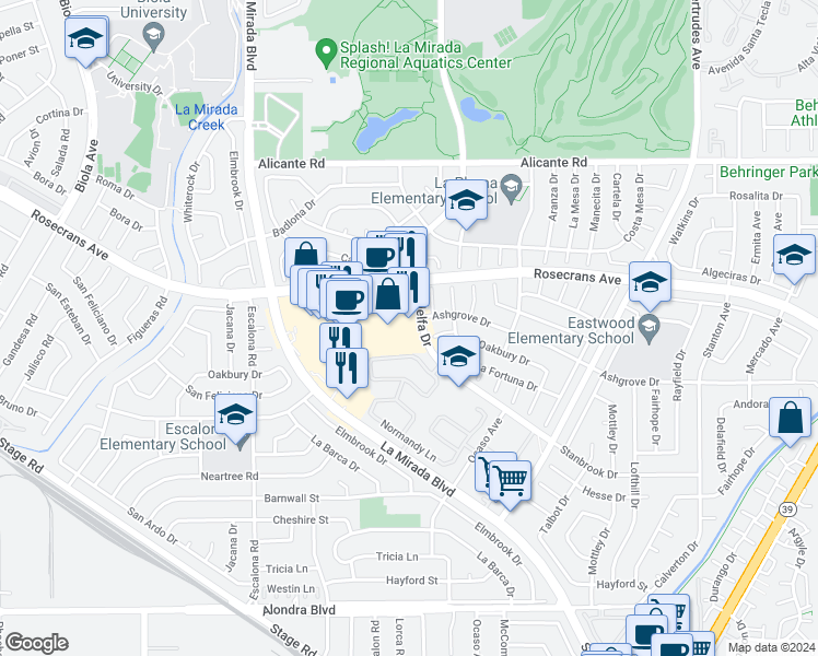 map of restaurants, bars, coffee shops, grocery stores, and more near 15294 Rosecrans Avenue in La Mirada