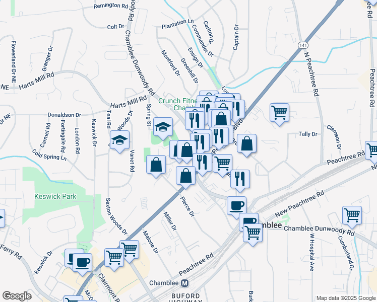 map of restaurants, bars, coffee shops, grocery stores, and more near 3633 Chamblee Dunwoody Road in Chamblee