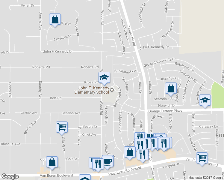 map of restaurants, bars, coffee shops, grocery stores, and more near 19125 Schoolhouse Lane in Riverside