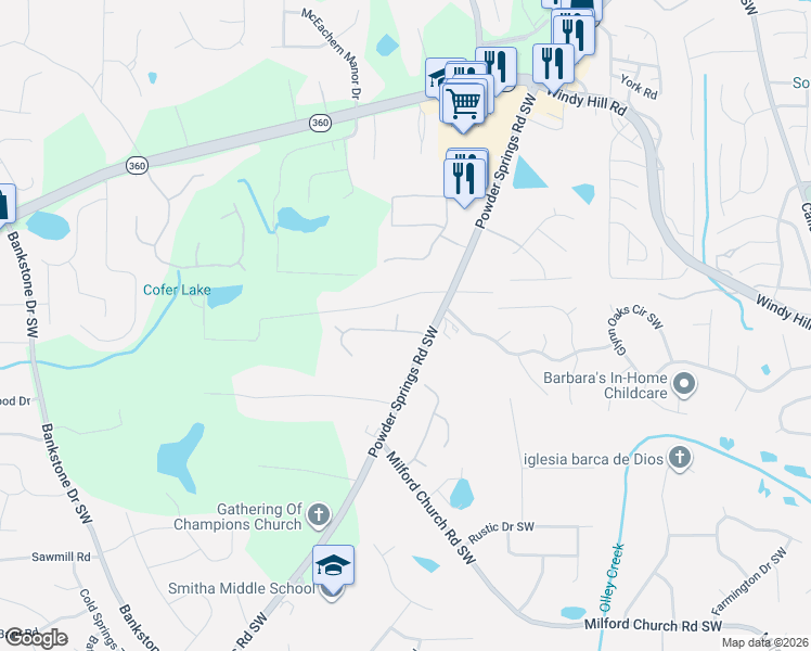 map of restaurants, bars, coffee shops, grocery stores, and more near 1911 Heritage Green Drive Southwest in Marietta