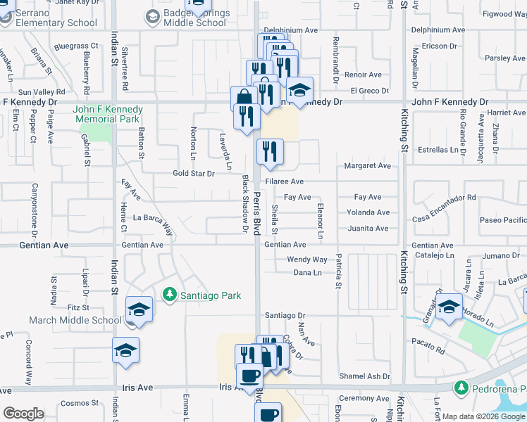 map of restaurants, bars, coffee shops, grocery stores, and more near in Moreno Valley