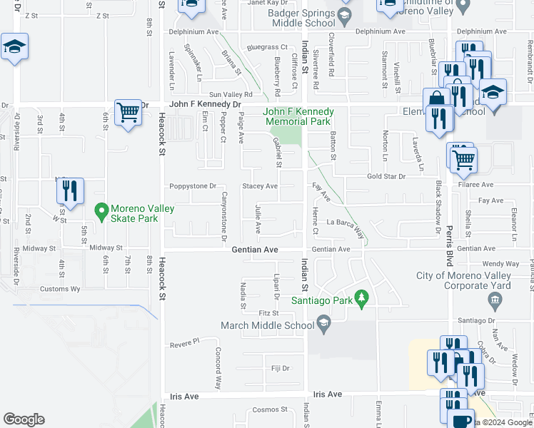 map of restaurants, bars, coffee shops, grocery stores, and more near 24372 Dyna Place in Moreno Valley