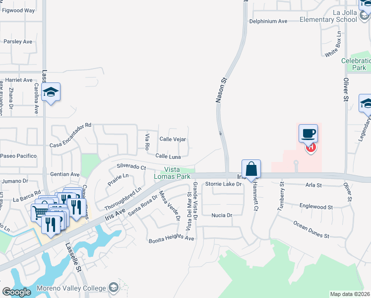 map of restaurants, bars, coffee shops, grocery stores, and more near 15403 Avenida Fiesta in Moreno Valley