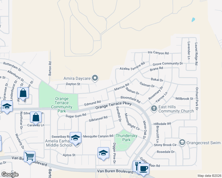 map of restaurants, bars, coffee shops, grocery stores, and more near 8522 Sandhill Drive in Riverside