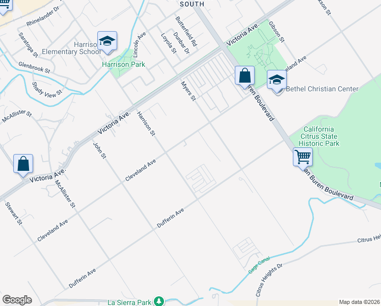 map of restaurants, bars, coffee shops, grocery stores, and more near 9830 Cleveland Avenue in Riverside