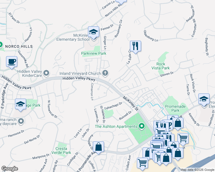 map of restaurants, bars, coffee shops, grocery stores, and more near 2136 Cedar Glen Drive in Corona