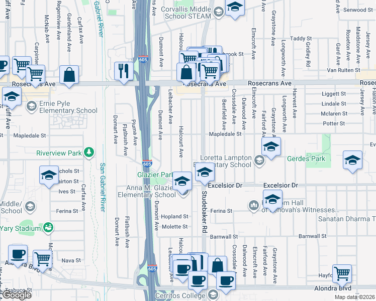 map of restaurants, bars, coffee shops, grocery stores, and more near 14713 Lefloss Avenue in Norwalk