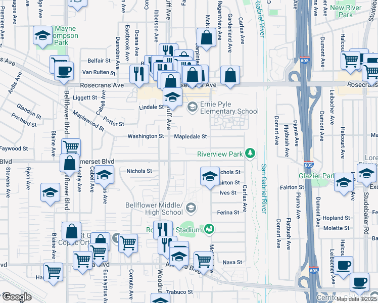 map of restaurants, bars, coffee shops, grocery stores, and more near 10323 Somerset Boulevard in Bellflower