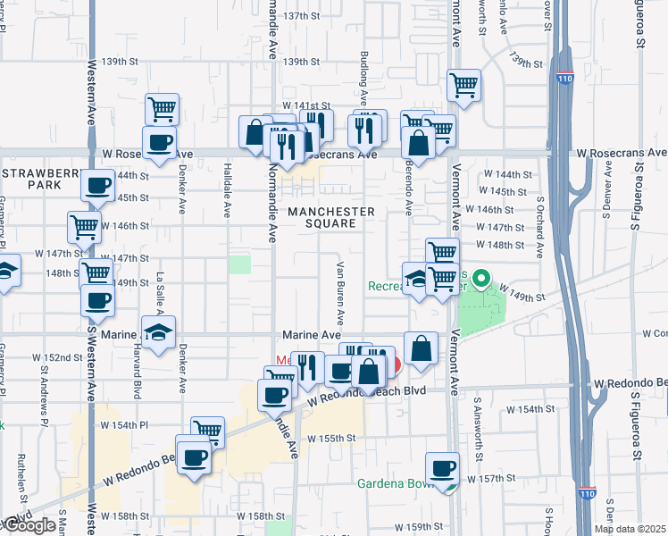 map of restaurants, bars, coffee shops, grocery stores, and more near 14811 Van Buren Avenue in Gardena